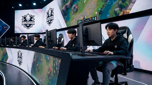 电竞赛事舞台大屏下战队选手正在进行对局的现场画面